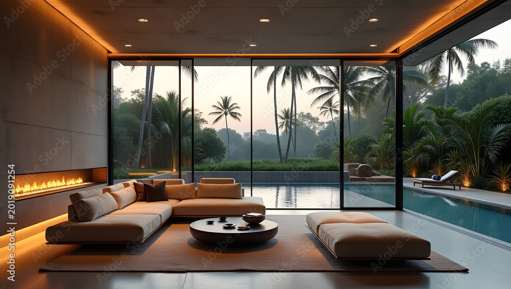 Fototapeta premium Modern luxury living room with linear fireplace and infinity pool view, minimalist interior design at sunset.