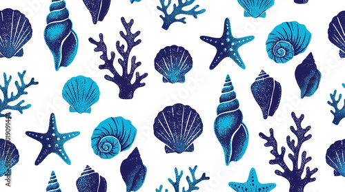 Blue seashells and starfish on a in a repeating pattern