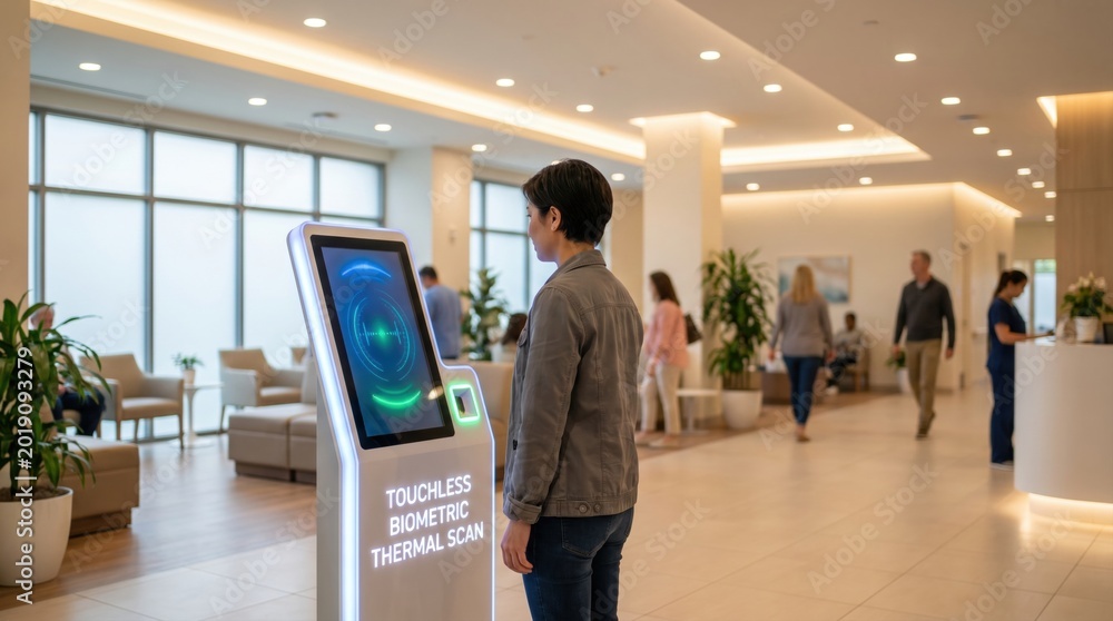 Fototapeta premium Woman looking at a touchless biometric thermal scan kiosk in a modern office lobby