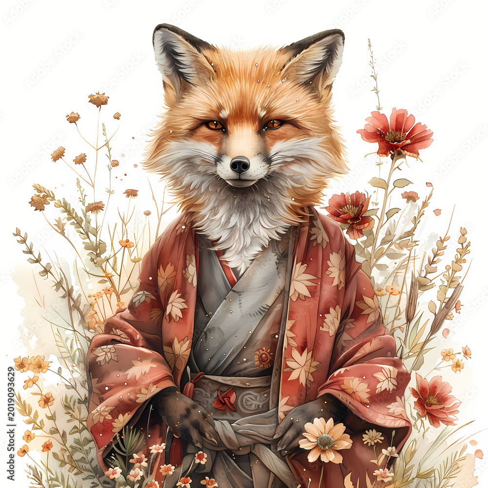 Fototapeta premium Anthropomorphic fox wearing a floral patterned kimono standing in a field of wildflowers. Animal in traditional Japanese clothing. Artistic illustration of a creature in nature theme.