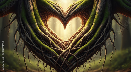 Heart-shaped Tree Roots and Vines in Enchanted Forest, Symbol of Love and Nature