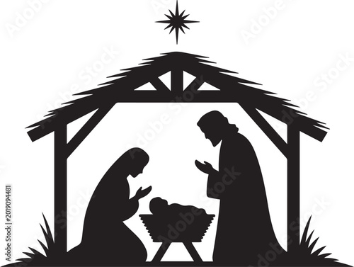 Bild auf Leinwand Christmas nativity religious Bethlehem crib scene silhouette, with Holy family of Mary, Joseph and baby Jesus