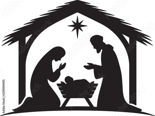 Foto Christmas nativity religious Bethlehem crib scene silhouette, with Holy family of Mary, Joseph and baby Jesus