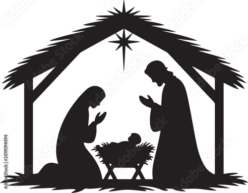 Cuadro en lienzo Christmas nativity religious Bethlehem crib scene silhouette, with Holy family of Mary, Joseph and baby Jesus