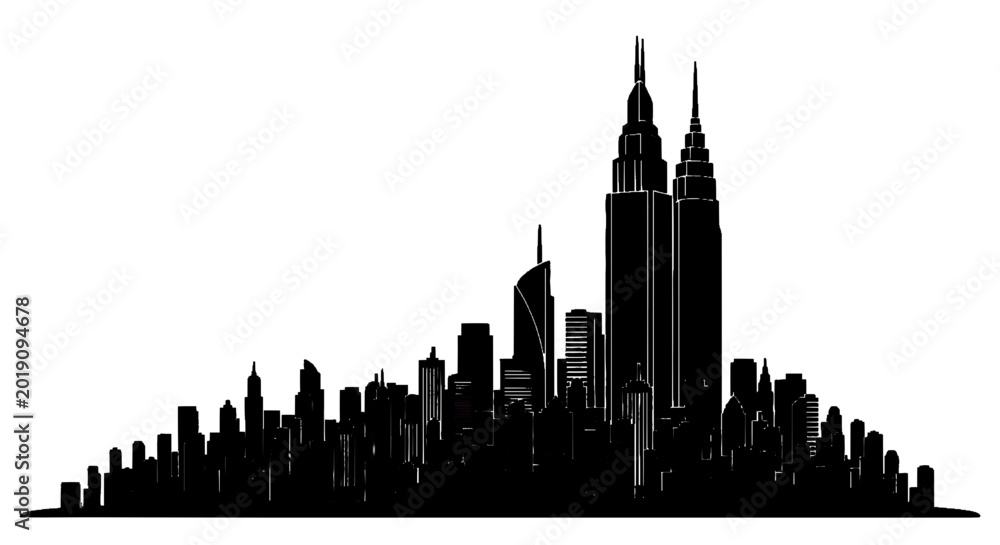 Obraz premium Minimal black silhouette icon, simple flat vector, bold black shape, no, no shading kuala lumpur city skyline silhouette vector illustration on a, flat icon style