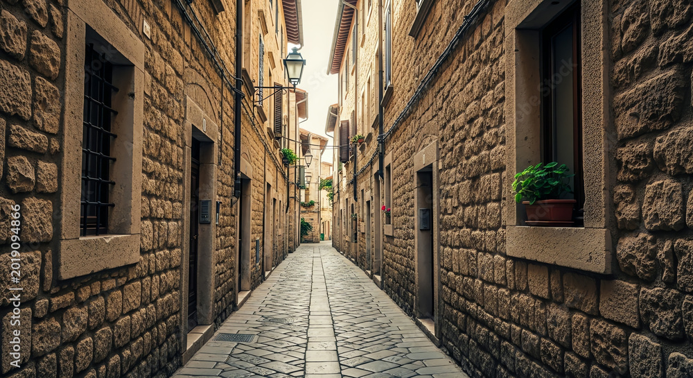 Fototapeta premium Narrow European Cobblestone Street Lined with Old Stone Buildings and Plants