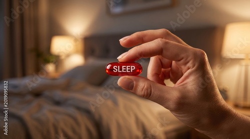 Hand holding sleep pill against bedroom background