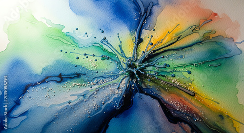 Abstract Watercolor Splatter Burst - Blue, Green, Yellow, and Orange