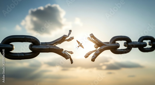 Broken chain symbolizing freedom, hope, and new beginnings with bird flying out