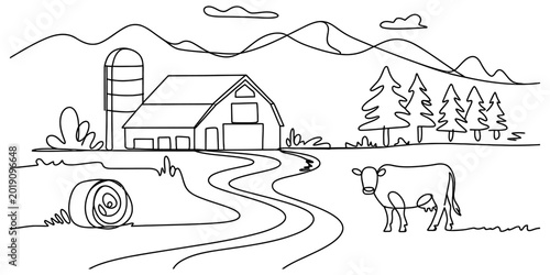 Tablou pe pânză A simple black and white line drawing of a rural farm landscape with a barn, a s