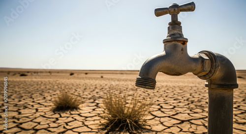 Dry cracked earth with dripping tap symbolizing drought and water scarcity