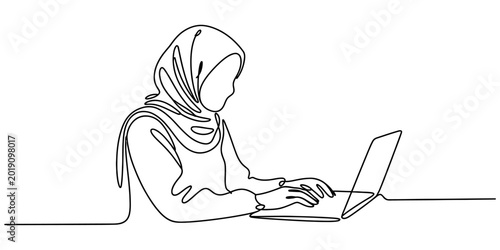 Continuous line drawing of a woman wearing a hijab typing on a laptop computer for business work or education in a simple minimalist style art