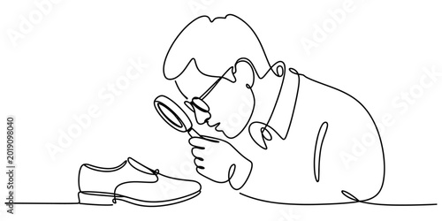 Foto Continuous line drawing of a person using a magnifying glass to closely examine