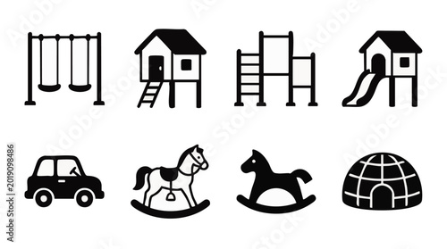 Set of black and white playground and toy featuring a swing set, playhouse, slide, toy car, rocking horses, and a climbing dome