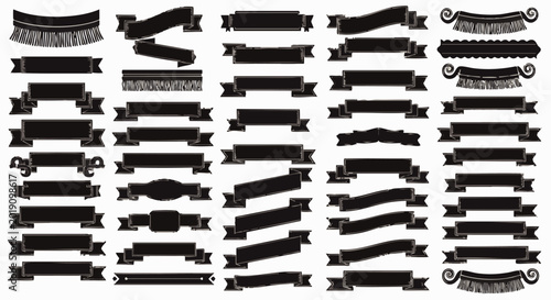 Collection of black minimalist decorative banners and ribbons, featuring various hand-drawn shapes, fringed edges, and scroll ends on white