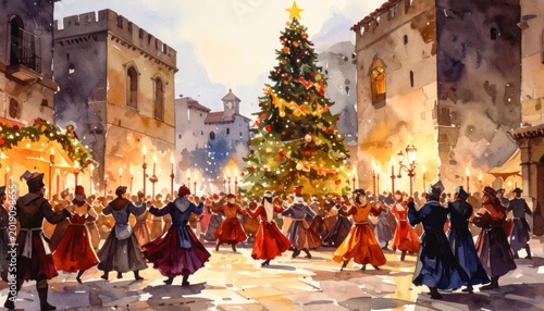 people dancing around Christmas tree.