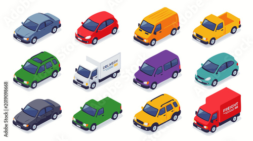 Isometric collection of diverse vehicles including sedans, su vs, pickup trucks, delivery vans, and minivans in a grid pattern on white background
