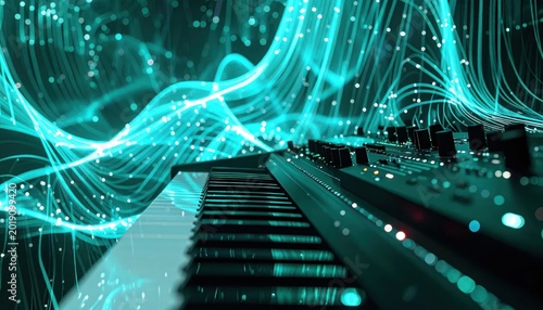Modern Electronic Keyboard Synthesizer with Glowing Turquoise Sound Waves in Dark Studio