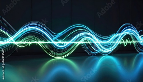 Glowing Blue and Green Light Waves Flowing Across Dark Reflective Surface
