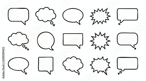 Set of fifteen black and white speech and thought bubble with various shapes including rectangular, oval, circular, and jagged burst