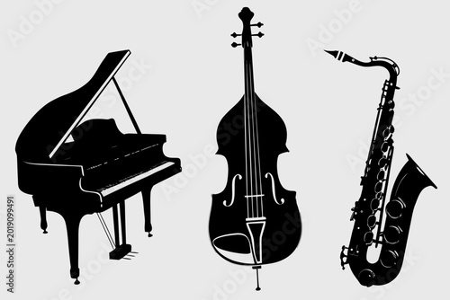 black silhouettes of grand piano, cello and saxophone musical instrument set isolated on transparent background