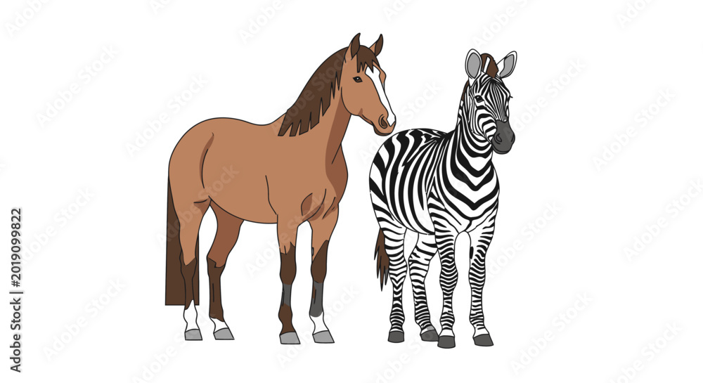 Fototapeta premium Cartoon horse and zebra illustration isolated on white background
