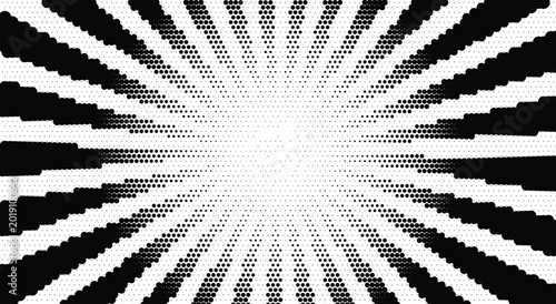 Retro black and white pixelated sunburst. jagged radial rays, 8-bit starburst beams, glowing center, halftone dots. for vintage comic book layouts, arcade game backgrounds. vector eps.