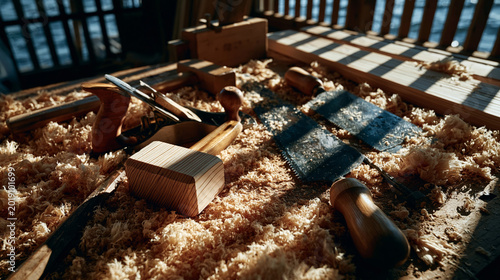 Traditional Japanese woodworking saws and tools on a rustic workbench covered in Akita cedar shavings, craftsmanship of magewappa heritage in Akita prefecture workshop