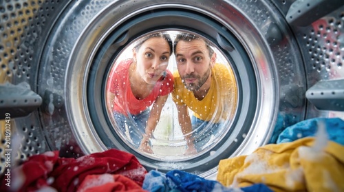 Couple looking inside washing machine while doing laundry