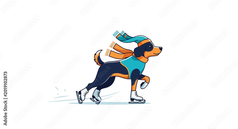 Fototapeta premium Cute dog wearing winter clothes ice skating.