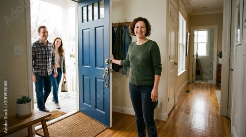 A woman stands inside her home opening a blue door to welcome a young couple. The atmosphere is warm and hospitable with friendly smiles. Ideal for real estate or hospitality marketing.