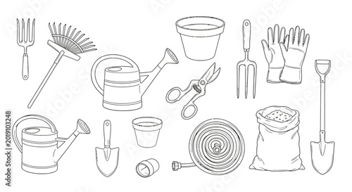 Gardening tools, icons, line art, vector set, 16 elements, black and white, gardening equipment, tools, gardening supplies