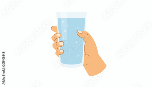 Fotografia Vector hand holding glass of water, blue liquid, hydration icon, cartoon style