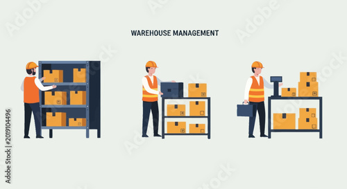 Warehouse Management: Workers Organize Boxes on Shelves and Scales