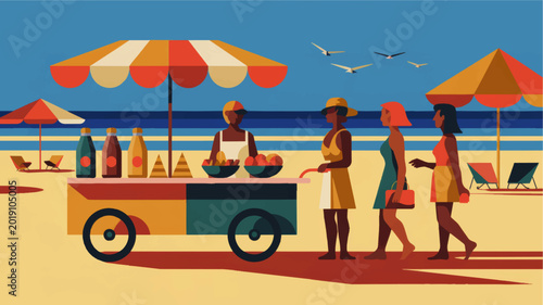 Colorful summer beach market illustration with women buying fresh fruit drinks at seaside vendor cart under umbrellas and blue sky