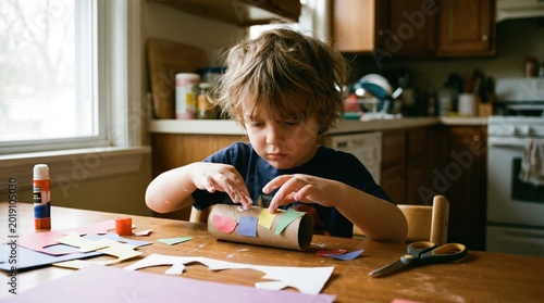 A young boy glues colorful paper onto a cardboard tube at a wooden table. This image shows focused hands-on learning and creativity during a home craft activity. Ideal for parenting blogs.