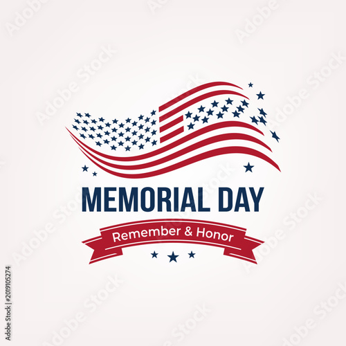 Foto Memorial day typography design with abstract waving american flag and decorative red ribbon banner including remember and honor slogan for patriotic commemorations and national celebrations