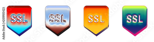 Four color variants (blue, purple, orange, and pink) of a security ssl, forming a colorful 3D glossy icon set for secure electronic payments.
