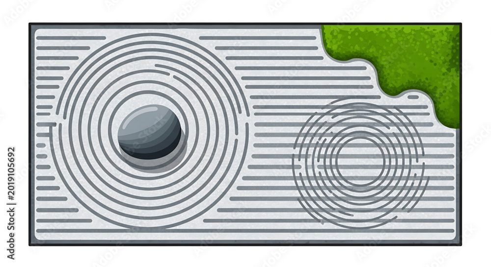 Fototapeta premium Zen garden with raked sand, a smooth stone, and mossy patch, top view