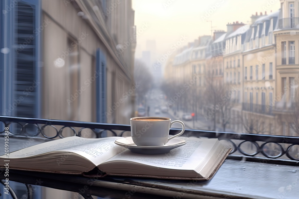 Fototapeta premium Cup of coffee on an open book placed on a balcony sill overlooking a city street. Cozy morning atmosphere with literary relaxation and urban view. Concept of leisure and study time.