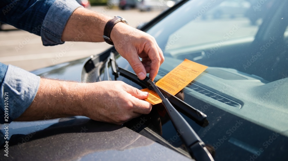 Fototapeta premium Traffic enforcement officer placing a yellow parking citation ticket under the windshield wiper of a car