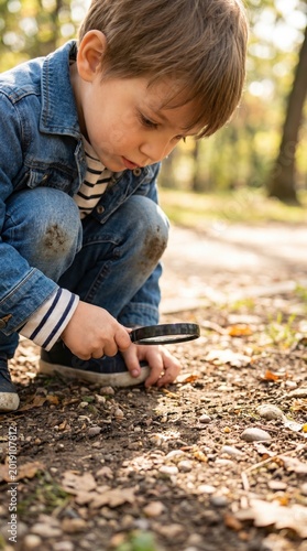 A curious young boy examines the ground with a magnifying glass in a sunny park. This image captures the wonder of nature exploration and Montessori learning. Great for educational materials.