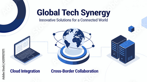 Quadro em tela Global Tech Synergy: Innovative Solutions for a Connected World, featuring Cloud Integration and Cross-Border Collaboration with a laptop, servers, and a globe