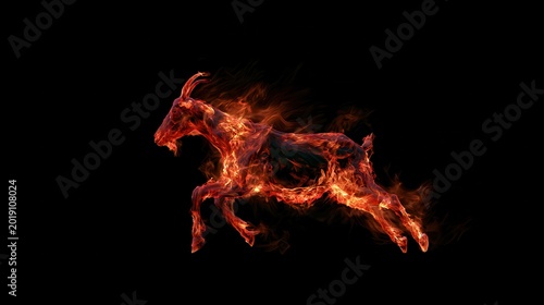 Surreal fire goat made entirely of actual red and orange flames, dynamic movement, dark background