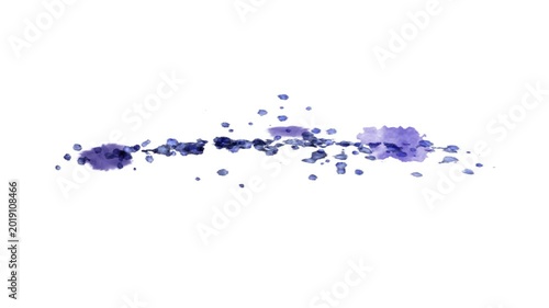 Ink splatter element, with purple ink droplets quickly hitting and slowly expanding over a white background