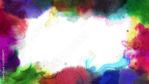 Multicolor ink droplets spreading around the edges of the frame, forming a colorful ink bleed border on a white background.