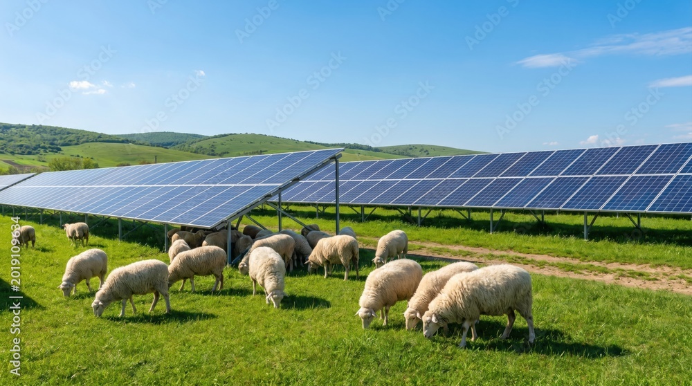 Fototapeta premium A flock of thick wooled sheep peacefully grazing on green grass directly underneath rows of elevated solar energy panels