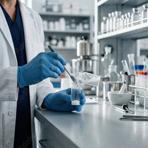 Pharmaceutical Compounding Process in Clinical Laboratory Setting, Professional Scientist Measuring Chemical Powder with Spatula for Medical Research and Drug Development.