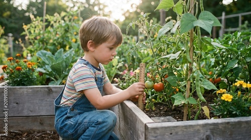A young boy in denim overalls measures a tomato plant using a wooden ruler in a sunny garden. This image captures outdoor learning and nature exploration. Great for educational content.