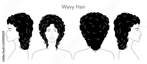 Schilderij op canvas Wavy Hair hairstyle black white vector front back profile views, soft waves laye